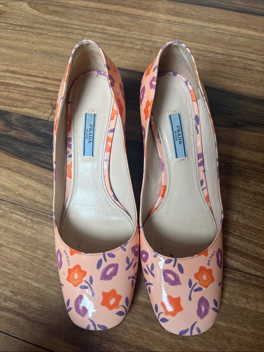 Prada Peach Floral Block Heel Pumps sz 39 - Picture 5 of 12